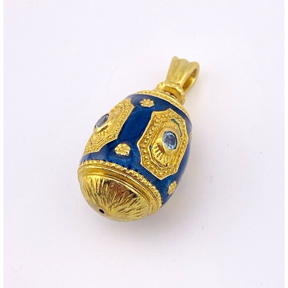 Enamel Easter Egg Pendant Vintage Rich Gold Plate Blue Topaz Crystal Swivel Bail - Picture 6 of 7